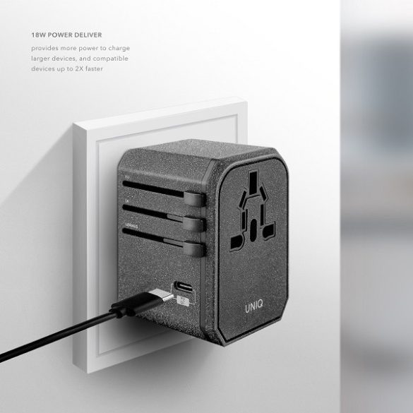 UNIQ hálózati töltő Voyage World Adapter 33W + 2xUSB + PD 18W + QC 3.0 szürke (LITHOS Collective)