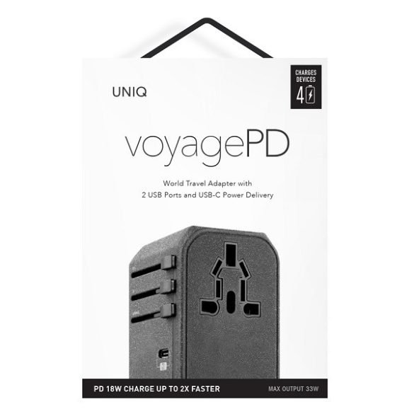 UNIQ hálózati töltő Voyage World Adapter 33W + 2xUSB + PD 18W + QC 3.0 szürke (LITHOS Collective)