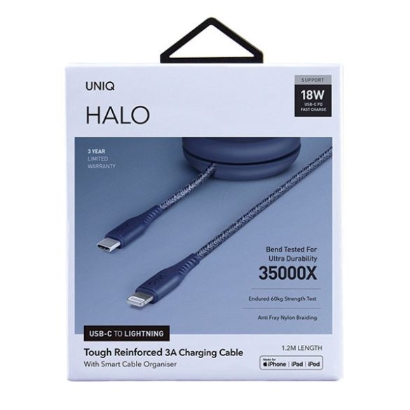 UNIQ MFI Halo Type-C - Lightning visszahúzható kábel 18W 1.2m - kék