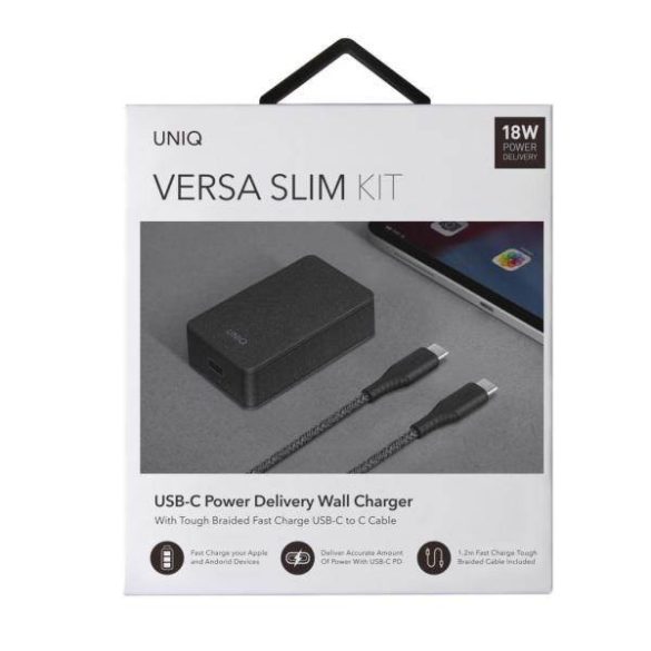 UNIQ töltő Versa Slim USB-C PD 18W + kábel USB-C fekete (LITHOS Collective)