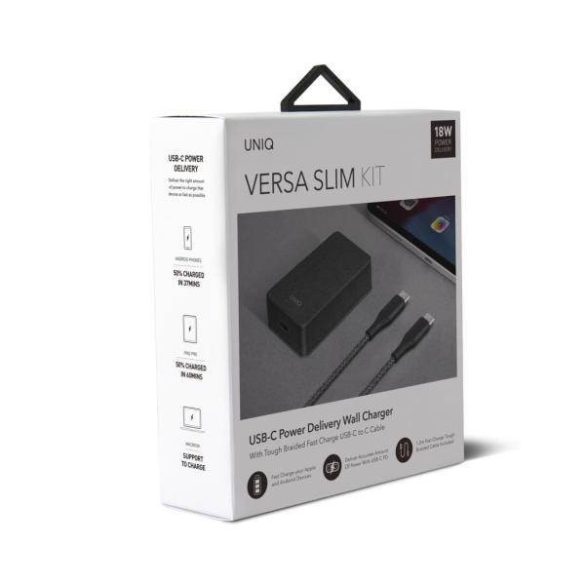 UNIQ töltő Versa Slim USB-C PD 18W + kábel USB-C fekete (LITHOS Collective)