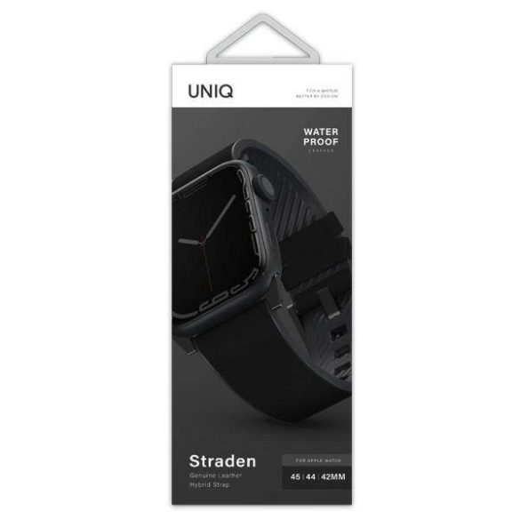 UNIQ óraszíj Straden Apple Watch Series 1/2/3/4/4/5/6/7/8/9/SE/SE2/Ultra/Ultra 2 42/44/45/49mm. Bőr hibrid szíj fekete