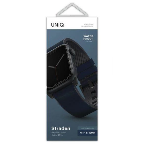 UNIQ óraszíj Straden Apple Watch Series 1/2/3/4/4/5/6/7/8/9/SE/SE2/Ultra/Ultra 2 42/44/45/49mm. Bőr hibrid szíj kék