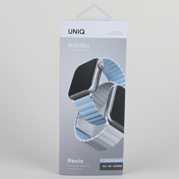 UNIQ óraszíj Revix Apple Watch Series 1/2/3/4/4/5/6/7/8/9/SE/SE2/Ultra/Ultra 2 42/44/45/49mm. Megfordítható mágneses fehér-kék