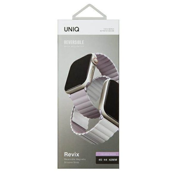 UNIQ óraszíj Revix Apple Watch Series 1/2/3/4/4/5/6/7/8/9/SE/SE2/Ultra/Ultra 2 42/44/45/49mm. Megfordítható mágneses lila-fehér