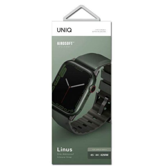 UNIQ óraszíj Linus Apple Watch Series 1/2/3/4/4/5/6/7/8/9/9/SE/SE2/Ultra/Ultra 2 42/44/45/49mm. Airosoft szilikon moha zöld