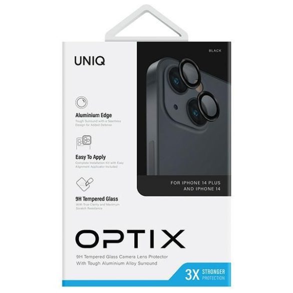 UNIQ Optix kamera lencse védő üvegfólia fekete szegéllyel, applikátorral iPhone 14 / 14 Plus