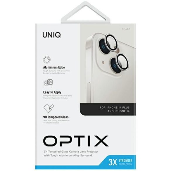 UNIQ Optix kamera lencse védő üvegfólia ezüst szegéllyel, applikátorral iPhone 14 / 14 Plus