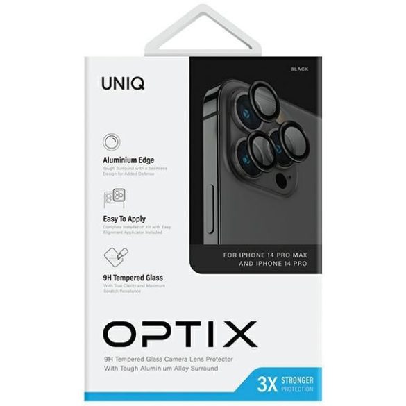 UNIQ Optix kamera lencse védő üvegfólia fekete szegéllyel, applikátorral iPhone 14 Pro / 14 Pro Max