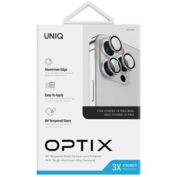 UNIQ Optix kamera lencse védő üvegfólia ezüst szegéllyel, applikátorral iPhone 14 Pro / 14 Pro Max