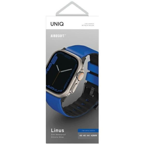 UNIQ óraszíj Linus Apple Watch Series 1/2/3/4/5/6/7/8/9/SE/SE2/Ultra/Ultra 2 42/44/45/49mm Airosoft szilikon versenyző kék