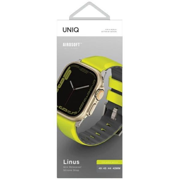 UNIQ óraszíj Linus Apple Watch Series 1/2/3/4/4/5/6/7/8/9/SE/SE2/Ultra/Ultra 2 42/44/45/49mm Airosoft szilikon lime zöld