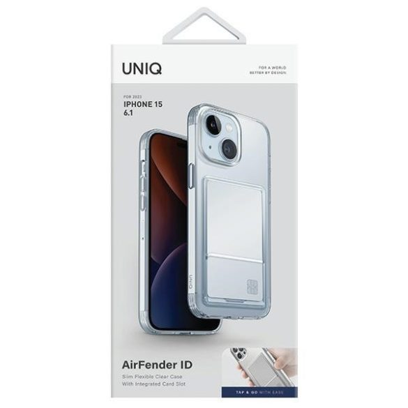 UNIQ etui Air Fender ID iPhone 15 / 14 / 13 6.1" átlátszó kártyatartóval tok
