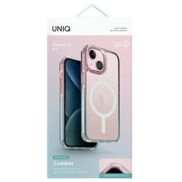 UNIQ etui Combat Duo iPhone 15 / 14 / 13 6.1" Magclick Charging égszínkék-púderrózsaszín tok