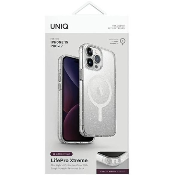 UNIQ etui LifePro Xtreme iPhone 15 Pro Max 6.7" Magclick töltés átlátszó flitteres fényes tok