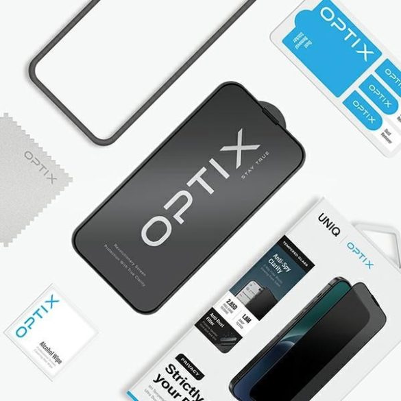 UNIQ Optix Privacy betekintésvédett edzett üveg applikátorral iPhone 15 