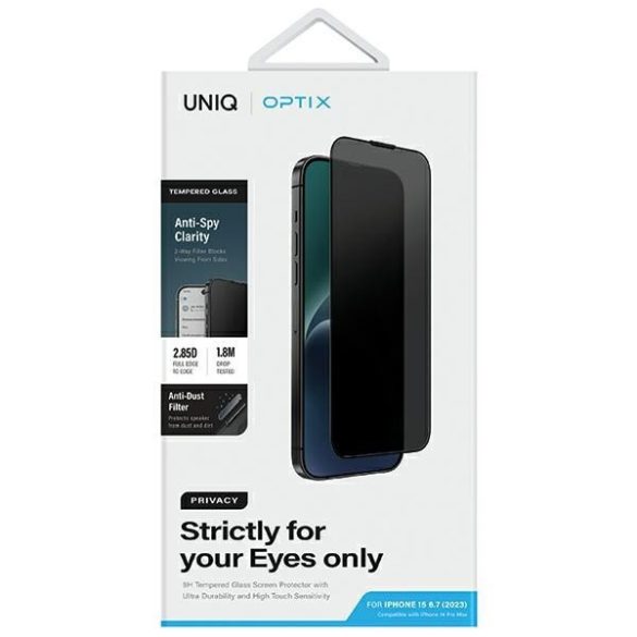 UNIQ Optix Privacy betekintésvédett edzett üveg applikátorral iPhone 15 Plus 