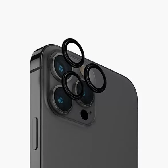 UNIQ Optix kamera lencse védő üvegfólia fekete szegéllyel, applikátorral iPhone 15 Pro