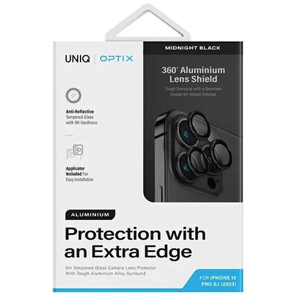 UNIQ Optix kamera lencse védő üvegfólia fekete szegéllyel, applikátorral iPhone 15 Pro