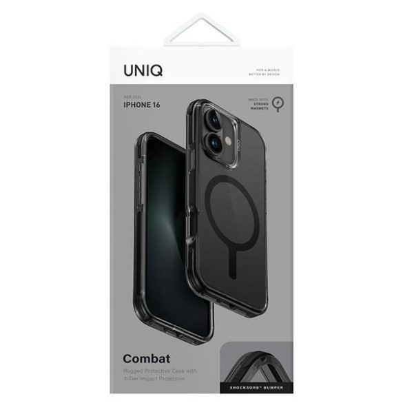 Uniq Combat Magclick Charging tok iPhone 16 - átlátszó fekete szegéllyel