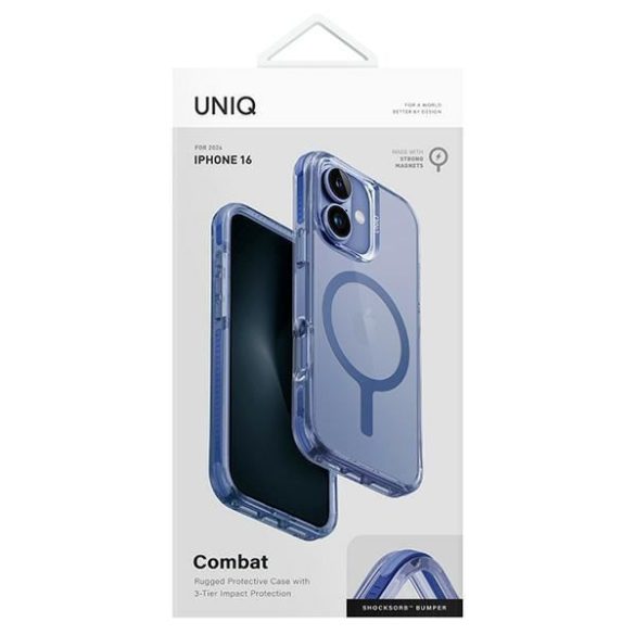 Uniq Combat Magclick Charging tok iPhone 16 - átlátszó kék szegéllyel