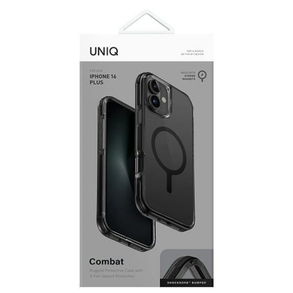 Uniq Combat Magclick Charging tok iPhone 16 Plus - átlátszó fekete szegéllyel