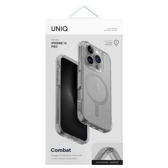 Uniq Combat Magclick Charging tok iPhone 16 Pro - átlátszó szürke szegéllyel