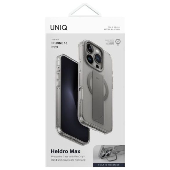 Uniq Heldro Max Magclick Charging tok kitámasztóval iPhone 16 Pro - átlátszó