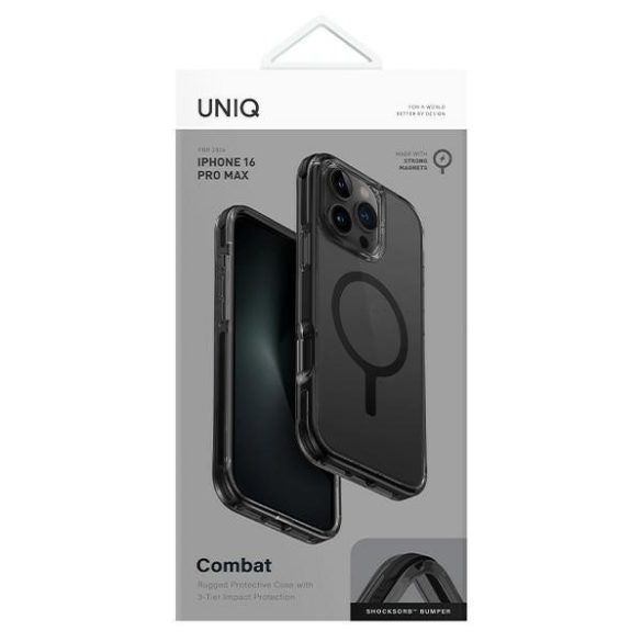 Uniq Combat Magclick Charging tok iPhone 16 Pro Max - átlátszó fekete szegéllyel