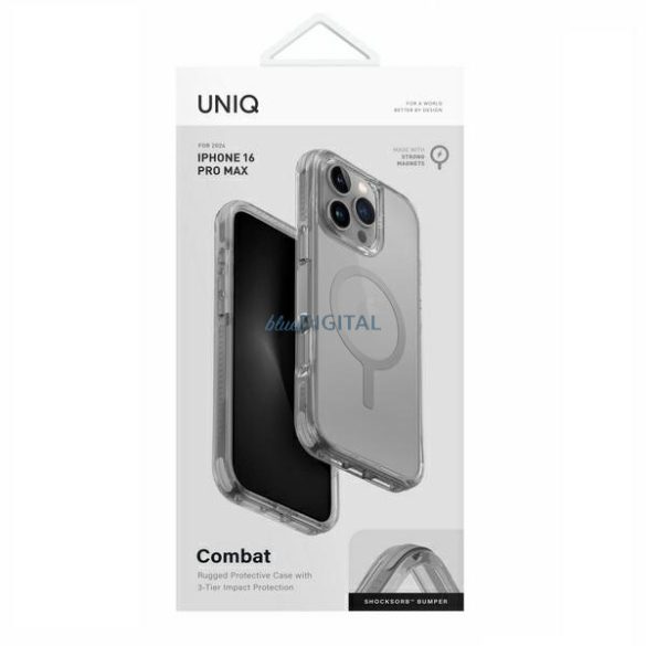 Uniq Combat Magclick Charging tok iPhone 16 Pro Max - átlátszó szürke szegéllyel