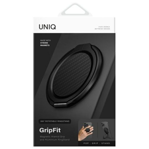 UNIQ Gripfit Premium 360 mágneses rögzítő és kitámasztó mágneses tartó fekete/karbonfekete