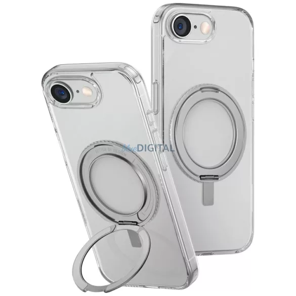 UNIQ Swivix tok iPhone 16e (2025) készülékhez, 360°-ban forgatható támasztóval, átlátszó