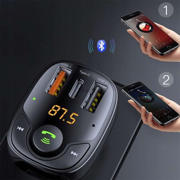Rock Bluetooth FM-transmitter / szivargyújtó töltő - 2xUSB + MP3 + TF-kártyaolvasó + Type-C + PD/QC3.0 - Rock B301 - fekete