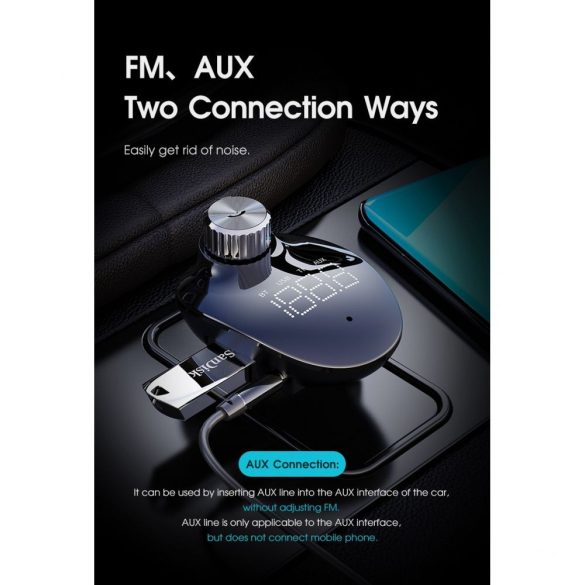 Rock Bluetooth FM-transmitter / szivargyújtó töltő - 2xUSB + MP3 +              TF-kártyaolvasó + AUX + PD/QC3.0 - Rock B302 - fekete