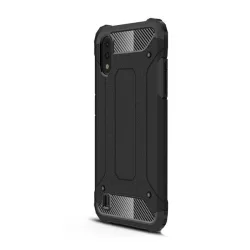   Defender műanyag telefonvédő (közepesen ütésálló, légpárnás sarok, szilikon belső, fémhatás) FEKETE Samsung Galaxy A01 (SM-A015F)