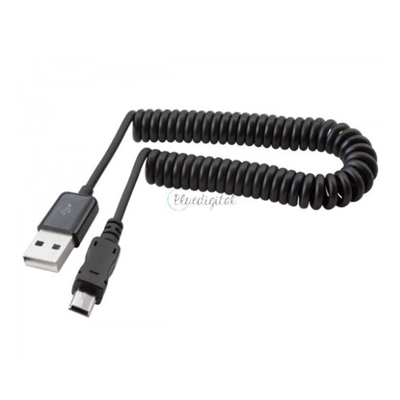 Adatkábel (USB - miniUSB, spirálkábel 38-100cm) FEKETE