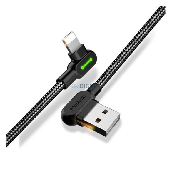 MCDODO adatkábel (USB - lightning, 2.4A, 120cm, 90 fokos, LED jelzés) FEKETE