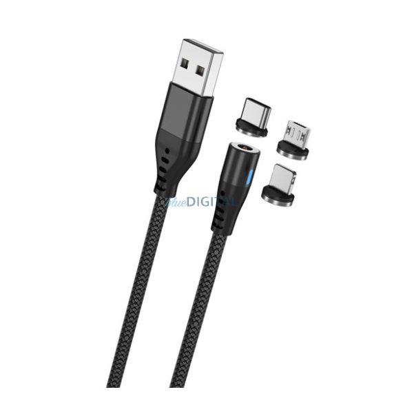 MAXLIFE töltőkábel 3in1 (USB - lightning/Type-C/microUSB, 100cm, mágneses) FEKETE