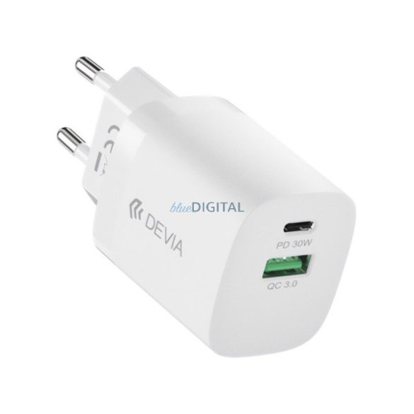 DEVIA SMART hálózati töltő USB+Type-C aljzat (30W, GaN, PD gyorstöltő) FEHÉR