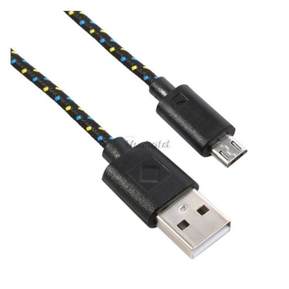 Adatkábel (USB - microUSB, 200cm, szőtt/cipőfűző) FEKETE
