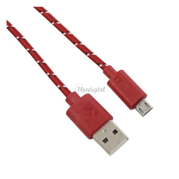 Adatkábel (USB - microUSB, 200cm, szőtt/cipőfűző) PIROS