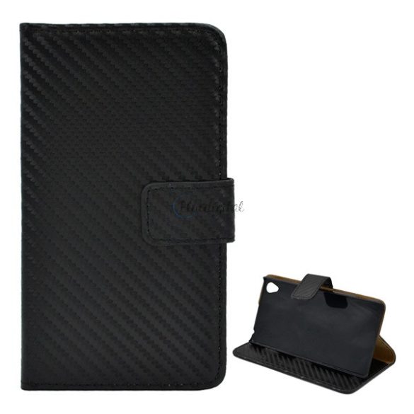 Tok álló, bőr hatású (FLIP, oldalra nyíló, asztali tartó funkció, karbon minta) FEKETE Sony Xperia Z3 (D6653)