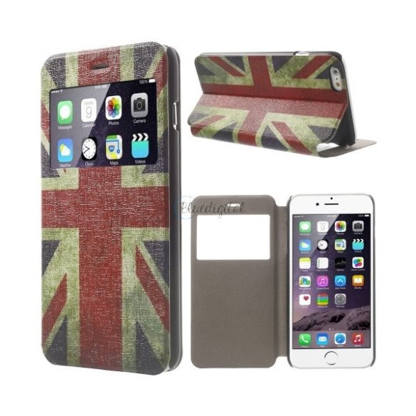 Tok álló, bőr hatású (FLIP, oldalra nyíló, asztali tartó funkció, S-View Cover, illatos, zászló minta) BRIT Apple iPhone 6 Plus 5.5, Apple iPhone 6S Plus 5.5