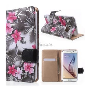 Tok álló, bőr hatású (FLIP, oldalra nyíló, asztali tartó funkció, rózsaszín virág minta) SZÜRKE Samsung Galaxy S6 (SM-G920)