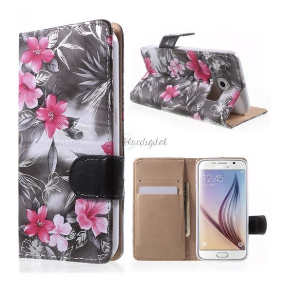 Tok álló, bőr hatású (FLIP, oldalra nyíló, asztali tartó funkció, rózsaszín virág minta) SZÜRKE Samsung Galaxy S6 (SM-G920)