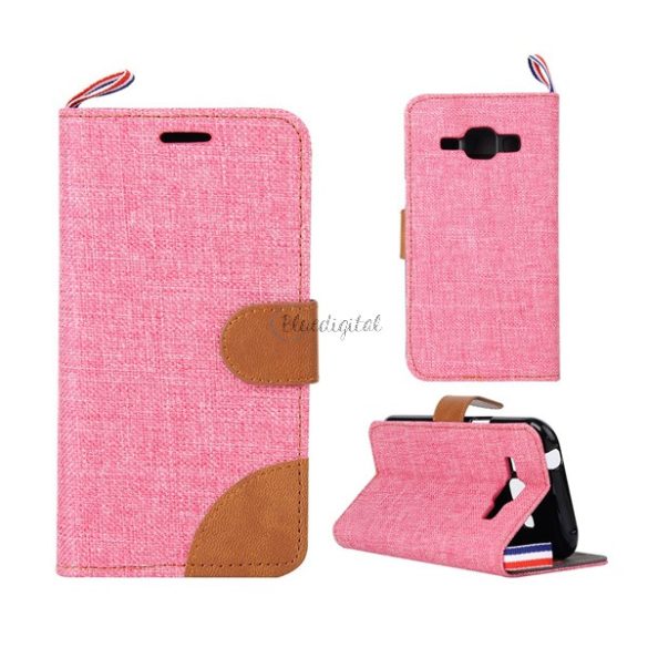 Tok álló, textil (FLIP, oldalra nyíló, asztali tartó funkció) RÓZSASZÍN Samsung Galaxy J1 (SM-J100)