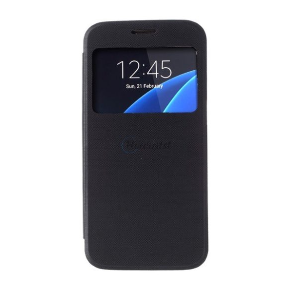 Tok álló, bőr hatású (FLIP, oldalra nyíló, View Window, szálcsiszolt mintázat) FEKETE Samsung Galaxy S7 (SM-G930)