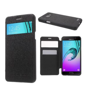 MERCURY Wow Bumper tok álló, bőr hatású (FLIP, oldalra nyíló, S-View cover, textil minta) FEKETE Samsung Galaxy A5 (2016) SM-A510F