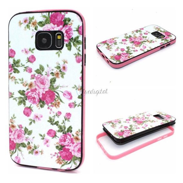 Műanyag telefonvédő (szilikon keret, rózsaszín virág minta) FEHÉR Samsung Galaxy S7 (SM-G930)
