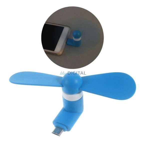 Hordozható ventillátor (mobiltelefonhoz csatlakoztatható, microUSB, OTG) KÉK
